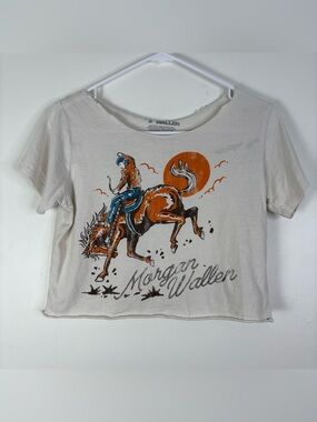 Morgan Wallen Crop Graphic Tee - White with Orange & Blue Cowboy Print Small